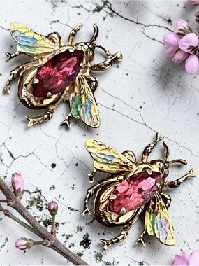 Pair Of Coro Sterling Bee Brooches Early 1940’s Katz Style Rhinestone & Enamel